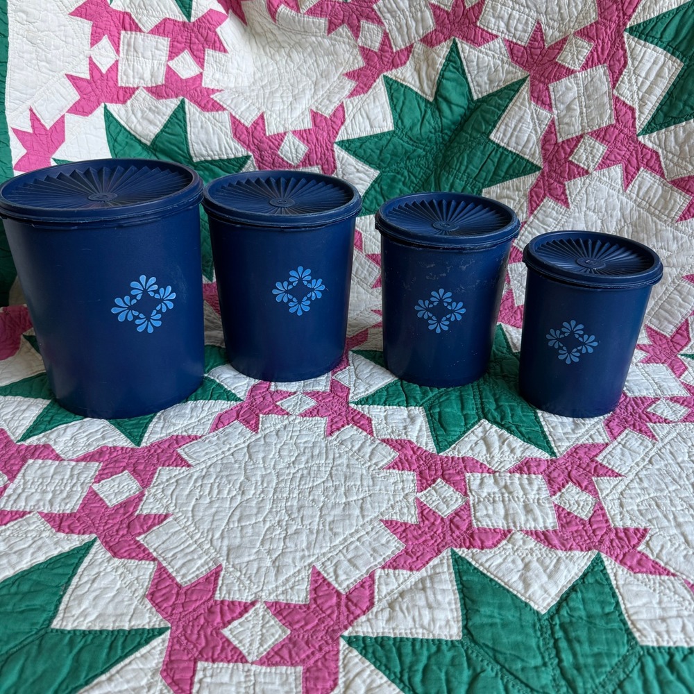 Vintage Tupperware Navy Blue Floral Nesting Canister Set 4pc Sunburst Lids MCM